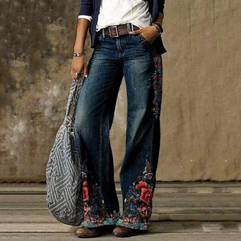 2021 Naujas Vasaros Derliaus Jeans Woman Kelnės Kaubojus Moterų Džinsai Laisvi Streetwear Mados Gėlių Spausdinti Platus, Kojos Ilgos Kelnės &JJ