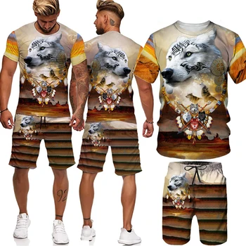 3D Atspausdintas vyriški marškinėliai Šortai Nustatyti vyriški Sportiniai Tracksuit O Kaklo trumpomis Rankovėmis vyriški Drabužiai Kostiumas