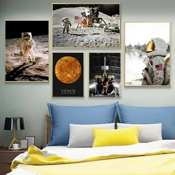 Astronautas Raketų Mėnulis Erdvės Sienos Meno Tapybos Drobės Derliaus Šiaurės Plakatai Ir Spausdina Sienos Nuotraukas Kambarį Namų Dekoro