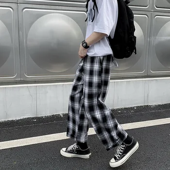 Atsitiktinis Kelnės Vyrams Tiesiai Harajuku Streetwear korėjos Stiliaus Pledas Kulkšnies ilgis Elastinga Juosmens Studentų Kelnės Visas rungtynes, Retro