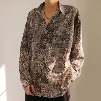 Atspausdinta marškinėliai vyriški viršūnes 2021 m. pavasario vasaros korėjos mados vintage modelis etninės stiliaus ilgomis rankovėmis prarasti dizaino drabužių nišą