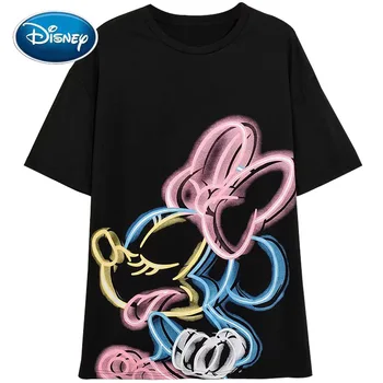 Disney Marškinėliai Mados NEON Grafiti Minnie Mouse Animacinių filmų Spausdinti Moterys T-Shirt O-Kaklo trumpomis Rankovėmis Medvilnė Tee Viršūnes Moteriška Juoda