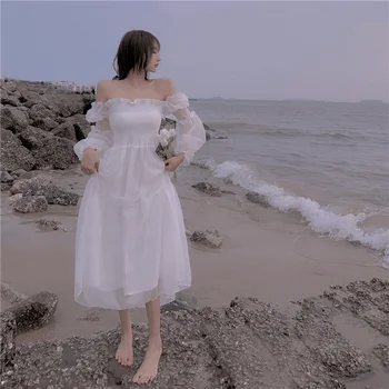 Dressesfor Moterų 2021 Seksualus Vintage White Vasaros Midi Suknelė Kawaii Harajuku Aukšto Liemens Sijonas Tinka KoreanFashion estetines