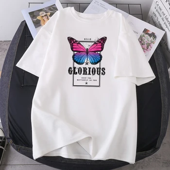 Drugelis Glorous Cartoon Moteris marškinėliai Streetwear O-kaklo Moterų 2021 Naujas Violetines Vasaros Drabužių, Negabaritinių Poliesteris Camisetas