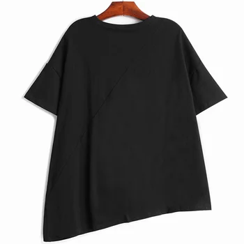 [EAM] Moterys, Juoda Nereguliarus Plisuotos Didelis Dydis Atsitiktinis marškinėliai Naujas Apvalios Kaklo trumpomis Rankovėmis Mados Banga Pavasario Vasaros 2021 1DD9732