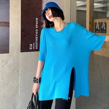 [EAM] Moterys, Mėlyna Didelis Dydis Atsitiktinis Nesimetriškas Ritininės Mezgimo T-shirt Apvalus Kaklas Trumpas Rankovės Mados Pavasario Vasaros 2021 1DD7980
