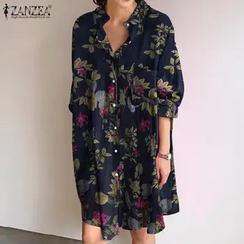 Elegantiškas Pavasario Marškinėliai Suknelė ZANZEA 2021 Moterų Spausdinti Sundress ilgomis Rankovėmis Kelio Ilgis Vestidos Moterų Atsitiktinis Gėlių Skraiste