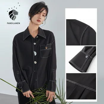 FANSILANEN Mados mygtuką aukštyn juoda palaidinė marškinėliai Moterims ilgomis rankovėmis pavasario atsitiktinis negabaritinių marškinėliai Moteriška office ponios elegantiškas viršų