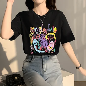 GGRIGHT 2021 Moterys Vasarą Kawaii Animacinių filmų T Marškinėliai Topai O Kaklo T-Shirt Medvilnės Marškinėlius Baltas Juodas Trumpas Rankovės Vetement Femme