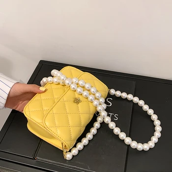 Grotelės Aikštėje Mini Crossbody maišelį 2021 Naujas Aukštos kokybės PU Oda Moterų Dizaineris Rankinės Pearl dirželis Peties Krepšys