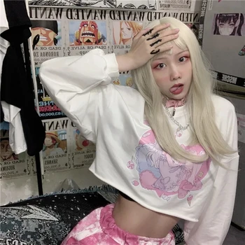 Harajuku Kawaii Mielas Animacinių Filmų E Girl Anime Drabužius Ilgomis Rankovėmis Tees Viršūnes Prarasti Puloveriai) Su Balta Trumpa Grafinis T Marškinėliai Moterims