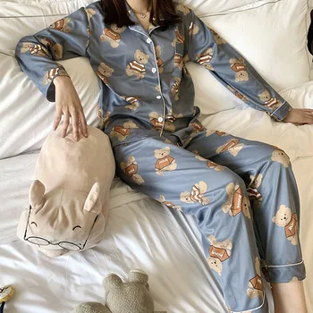 HEFLASHOR Sleepwear Moterų Šilko Pižama Nustatyti, naktiniai drabužiai ilgomis Rankovėmis Pižama Namų Drabužių Rinkinys moterims Miego Marškinėliai Namų Drabužiai