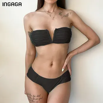 INGAGA 2021 Bikinis Bandeau Maudymosi Moterų V-Kaklo, maudymosi Kostiumėliai, Ruched Maudymosi Kostiumai Seksualus Brazilijos Bikini Nustatyti Vasaros Raudona Biquini