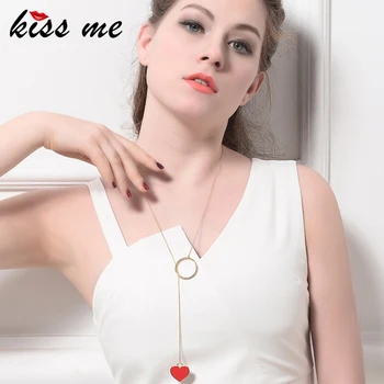 KISS ME Paprasta Raudona & Mėlyna Emalį Širdies Pakabukas Karoliai Elegantiškas & Mados Ilgi Karoliai Moterų Bijoux, bižuterijos