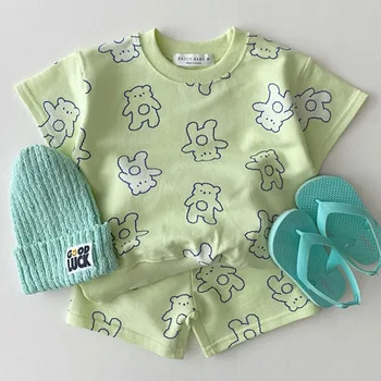 Korėjos Kūdikių Cute Little Bear Marškinėlius Trumpas Rinkiniai Mažylis Berniukas, Mergaitė Animaciją Medvilnės Marškinėlius + Šortai 2vnt Nustatyti Vaikų Drabužių Rinkinys