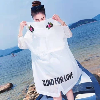 Korėjos Mados Moterų Pavasario Striukė Vasaros Paplūdimys Atostogų Gobtuvu Saulės Plonas Striukes Švarkelis Femme Ilgas Kailis Siuvinėjimas