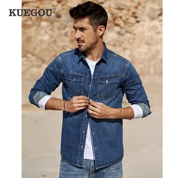 KUEGOU prekės ženklo Vyrai džinsinio marškinėliai, mados ir laisvalaikio vyriškos atvartas, marškinėliai, Topai pavasario ilgomis rankovėmis marškinėliai plonas kailis Mėlyna BC-6212