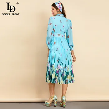 LD LINDA DELLA Naujas 2021 M. Vasaros Mados Dizaineris Suknelė Moterims ilgomis Rankovėmis Žavinga Gėlių Spausdinti Plisuotos Atostogų Šalis Midi Suknelė