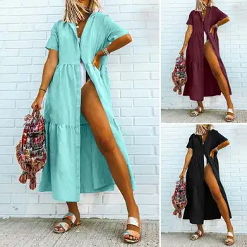 Mada Moterims Vasaros Suknelė ZANZEA Atsitiktinis Ilgai Marškinėliai Vestidos Stilingas Atvartas Kaklo trumpomis Rankovėmis Mygtukai Sundress Paplūdimio Suknelės Skraiste