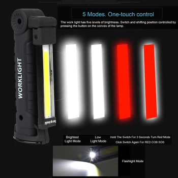 Magnetinės Uodegos Darbą Šviesos COB LED Darbo Lempa Nešiojama USB Įkraunamas Žibintuvėlis Remonto Šviesos su pakabinimo Kablys, 5 Režimai Fakelas