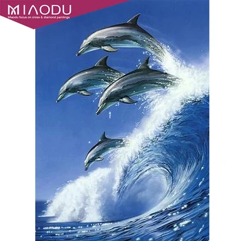 MIAODU 5d Diamond Tapybos Animacinių filmų Delfinų šuoliai Purškimo Jūros Kryželiu Rankų darbo Derva 