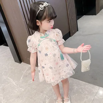 Mielas Kūdikis Mergaičių Kinų Stiliaus Cheongsam Suknelė Gėlių Sluoksniuotos Rankovėmis Derliaus Elegantiškas Mielas Siuvinėjimo Tinklelio Suknelė Princesė Suknelė