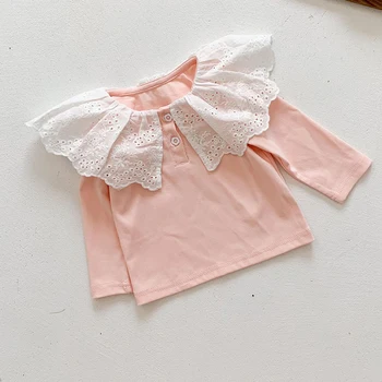 Mielas Princesė Stiliaus Nėrinių Susiuvimo ilgomis Rankovėmis Medvilniniai marškinėliai Kūdikiams, Kūdikių Mergaičių marškinėliai Bamblys Baby Girl Megztinis