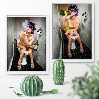 Modernus tualetas seksuali moteris drobė, tapyba, graviravimas baras mergina rūkyti ir gerti vonios sienelės paveiksl plakatas apdaila