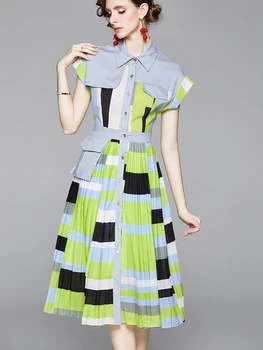 Moterys, Plisuotos Marškinėliai Suknelė Korėjos Viena Breasted-Line Suknelės Vasaros Elegantiškas Mados Streetwear Vestidos