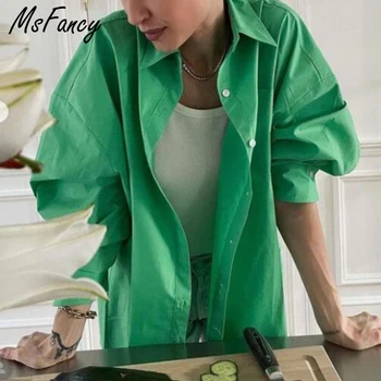 Msfancy Žalioji Marškinėliai Moterims 2021 Y2K Chemise Femme ilgomis Rankovėmis Atsitiktinis Negabaritinių Camisas De Mujer Viršūnės