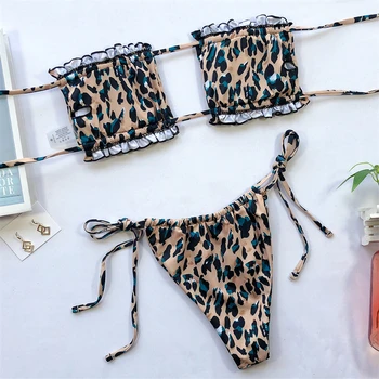 Nauja Seksuali Stebėjimo Susiėmę Swimsuit Moterys Leopardas Spausdinti Maudymosi Kostiumėliai, Strappy Backless Paplūdimio S-L Mergina Tuščiaviduriai Thong Bikini Komplektas