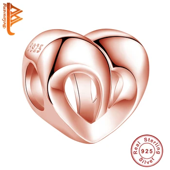 Naujas 925 Sterlingas Sidabro Tuščiaviduriai Dvigubo Širdies Granulių Su Rose Auksą, Padengtą Romantiško Žavesio Tinka Originalios Apyrankės Bižuterijos