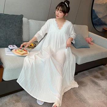Nightgowns Moterų V-kaklo Vasaros Prarasti Gryna Spalva Studentų Sleepwear Prašmatnus Japonų Stiliaus Baltas Saldus Mergaičių Atsitiktinis Nėrinių Pusė Rankovės