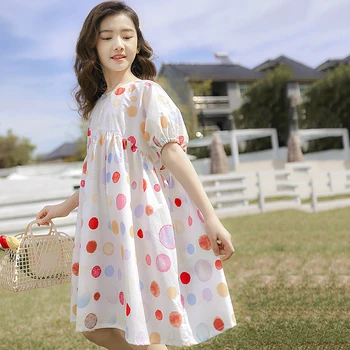Paauglių Mergaičių Medvilnės Atsitiktinis Suknelė Vasaros 2021 Naujų Vaikai Korėjos Stilius Laisvas Mielas Polka Dot Princesė Drabužiai Nėra Skaidri, #9449