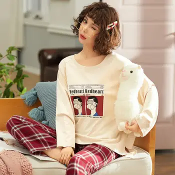 Pajama Komplektai Moterų Spausdinti Ilgomis Rankovėmis Sleepwear Moterų Korėjos Stiliaus Laisvalaikio Madinga Moterų Kawaii Homewear Prarasti Saldus, Prabangus Naujas