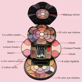 PANELĖ ROŽĖ 57 spalvų žiedlapis makiažo paletė 43 spalvų akių šešėliai 4 spalvų antakių milteliai skaistalai lūpų 2 spalvos kompaktiškas milteliai mak