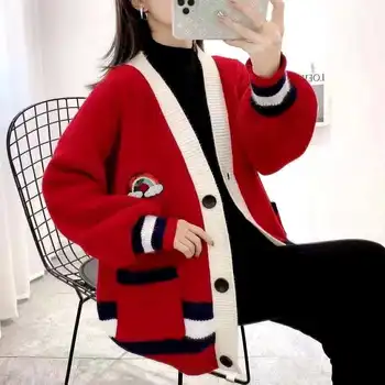 Populiarus megztinis kailis moterų pavasario drabužių naujas korėjiečių versija laisvi ir tingus vidurio ilgas megztas megztinis 2021