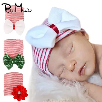 Powmuco 12*10 CM Fashion Striped Warm Knitted Hat Glitter Sequins Bowknot Baby Girl Caps Shining Rhinestone Flower Infant Bonnet
