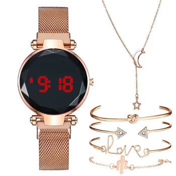 Prabanga Skaitmeninis Magnetas Laikrodžiai Moterims Rose Gold LED Kvarcas Laikrodžio Apyrankė Karoliai nustatyti dovana Moters Laikrodis Relogio Feminino