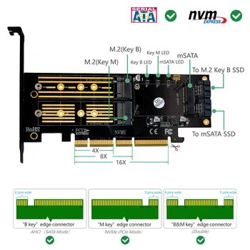 QINDIAN Pridėti Kortelės M. 2 NVME NGFF mSATA PCIE Riser į M2 Adapteris su Aukso M. 2 Heatsink SSD Aušinimo PCI Express X4/X8/X16 Pjesė