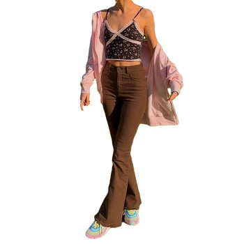 Retro Harajuku y2k Rudos spalvos Džinsinio Džinsus Poilsiu Moterų Derlius Mažas Juosmens, Tiesios Kelnės Streetwear Derliaus 90s Kelnių Cuteandpsycho