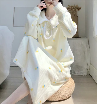 Rudenį namų drabužiai moterims pijamas suknelė cute balta ilgomis rankovėmis peter pan apykaklės nightgowns šiltas aksomo sleepwear