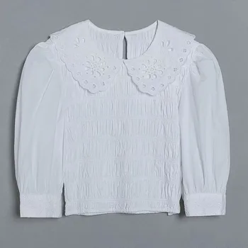 Rudenį, pavasarį mados sluoksniuotos rankovėmis peter pan apykaklės siuvinėjimo atgal mygtukai medvilnės palaidinė moterų atsitiktinis balti marškinėliai topai