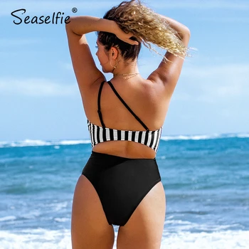 SEASELFIE Vieno Peties O-žiedas Išpjovą vientisi maudymosi kostiumėlis Moterims Seksualus Juodas Dryžuotas Monokini maudymosi Kostiumėliai, 2021 Naujas Paplūdimio Maudymosi Kostiumas