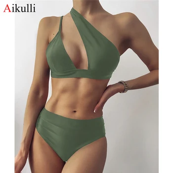 Seksualus Vieną Petį Bikini Moterims maudymosi kostiumėlį Aukšto Juosmens maudymosi Kostiumėliai, 2021 Summmer Brazilijos Bikini Komplektas vientisos spalvos Plaukti Maudymosi Kostiumas Naujas