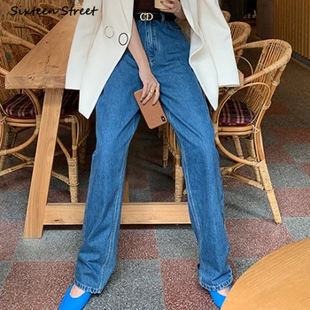 Streetwear Didelis Juosmens Moteris Džinsinio audinio Kelnės Šviesiai Mėlynos Dugne Derliaus Elegantiškas, Grindų ilgio Džinsai Moterims, Tiesios Kojos Džinsai Mama Kelnės