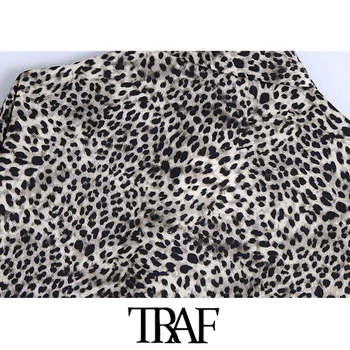 TRAF Moterų Mados Leopardas Spausdinti Prarasti Palaidinės Derliaus ilgomis Rankovėmis Mygtuką-iki Moterų Marškiniai Blusas Prašmatnus Viršūnės