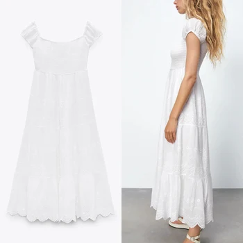 TRAF Za 2021 Siuvinėjimo Balta Suknelė Moterims Pynimas Elegantiškas Suknelės Moteris Ilgai Iškirpti Sluoksniuotos Rankovėmis Vasaros Atsitiktinis Paplūdimio Suknelės