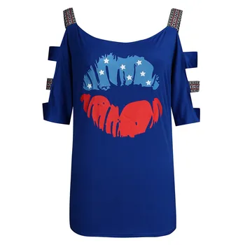 Tuščiaviduriai Iš trumpomis Rankovėmis Viršūnes Moterų Laisvi Marškinėliai Amerikos Vėliava Spausdinti Pykti Peties Vasarą T-Shirt 5xl Plius Dydžio Palaidinė A2