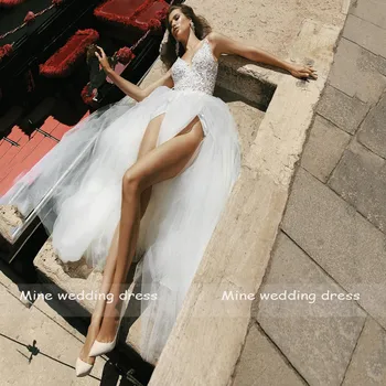 V-Kaklo, Seksualus Padalinta Appliques Lace A-Line Backless Tiulio Vestuvių Suknelė Iki 2021 M. Vestido De Noiva Nuotakos Suknelė